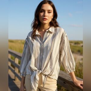 NWT Tommy Hilfiger Fire Island Coastal Stripe Tie-Front Blouse L